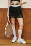 Load image into Gallery viewer, Chelsea | Double-Layer Mesh Pleated Tennis Skirt with Crisscross Waist Straps – Black